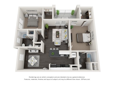 Floor plan for 2 beds, 2 baths, 1052 sqft